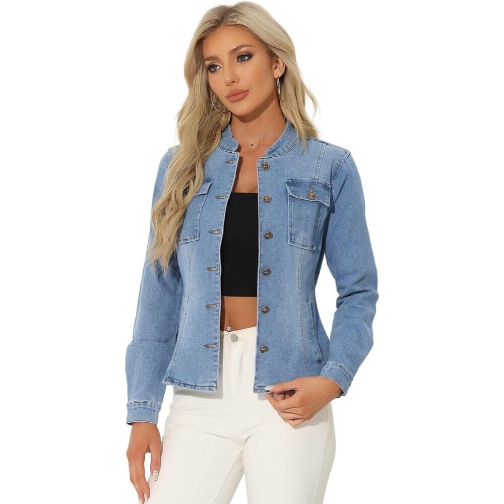Women's Denim Jacket Classic Stand Collar Long Sleeve Jean Jacket Light Blue